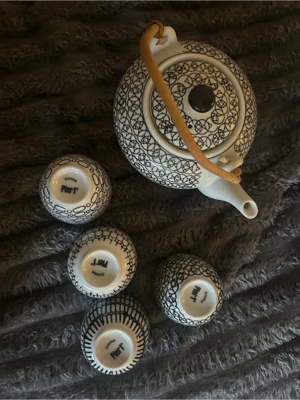 Pier 1 Black and White Ceramic Tea Set with Bamboo Handle
